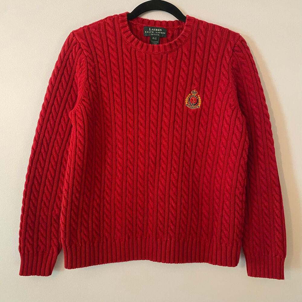 Lauren Ralph Lauren Red Cableknit Crest Pullover Sweater Preppy Small Petite